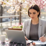 Businesswoman working on laptop and taking notes in blooming garden